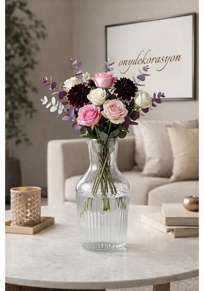 Dekoratif Cam Vazo 21 Cm Çizgili Şeffaf Modern Çiçeklik Minimal Ev & Salon Dekoru