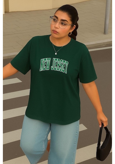 Büyük Beden New Jersey Baskılı Unisex Tişört Yeşil