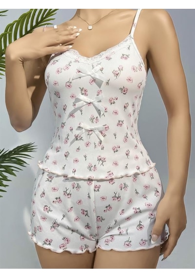 Red Womans Pamuklu Beyaz Üstüne Çiçek Desen Fitilli Askılı Şortlu Pijama Tak