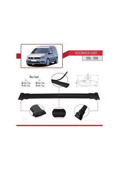 Volkswagen Caddy 2015-2019 Arası İle Uyumlu Fly Model Ara Atkı Tavan Barı Siyah 3 Adet Bar