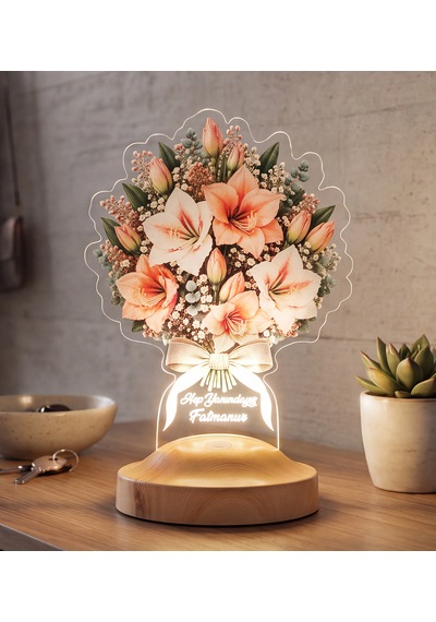 Amaryllis - Nergis Zambağı Çiçek Buketi Led Lamba, Işıklı Güzel Hatun Çiçeği Solmayan Çiçek Sevgiliye Eşe Kişiye Özel Hediye