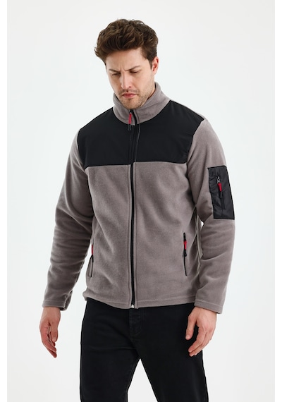Monox Erkek Tam Fermuarlı Parçalı Spor Polar Ceket Gri