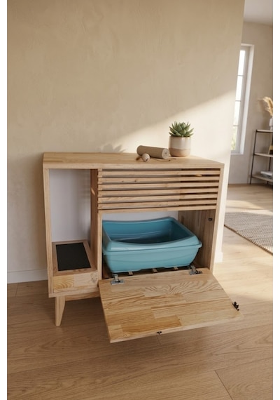 Reyo Pet Nordic Line Ahşap Kedi Tuvaleti Dolabı 1. Sınıf Masif Panel Kapalı Kedi Tuvaleti