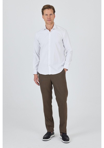 İmza Uzun Kol Düz Bez Ayağı Sert Yaka Cepsiz Pamuklu Classic Slim Fit Gömlek 1004250160 Beyaz