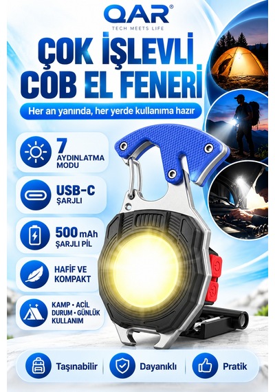Type-c Şarjlı Çok Fonksiyonlu Mini Led El Feneri Çakmaklı Mıknatıslı Anahtarlık Kamp Lambası Mavi