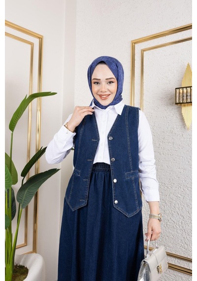 Harman Butik Kadın Kot Yelek-etek 2'li Takım Lacivert Lacivert