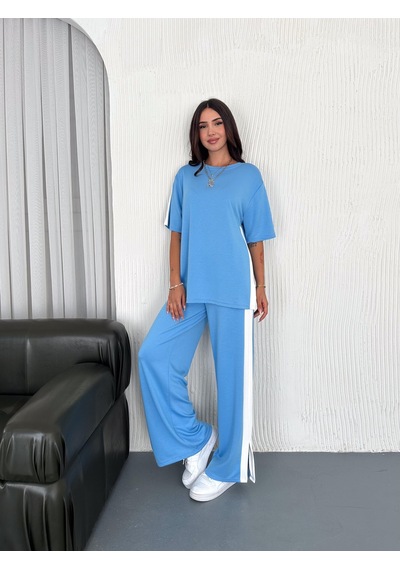 Elaxi Modal Şeritli Yırtmaç Detaylı Pantolon Tişort Takım Mavi