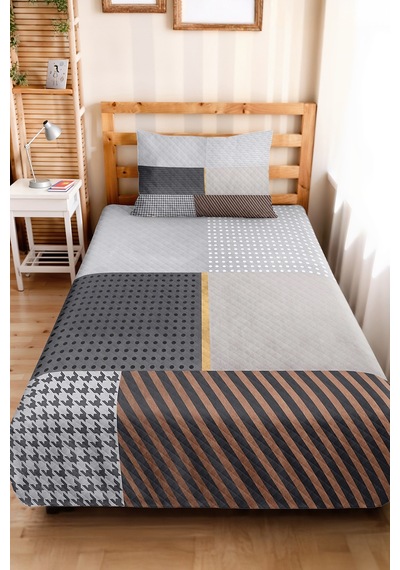 Gri Geometrik Genç Odası Tek Kişilik Pike Takımı - Antrasit Bakır 160x220 Cm Kapitone Yatak Örtüsü Kırık Nehir Harmonu