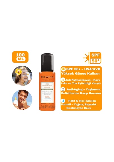 Palwina Anti Aging & Aydınlatıcı Yüz & Vücut Güneş Koruyucu Leke Karşıtı Güneş Kremi SPF50+ 100 ML