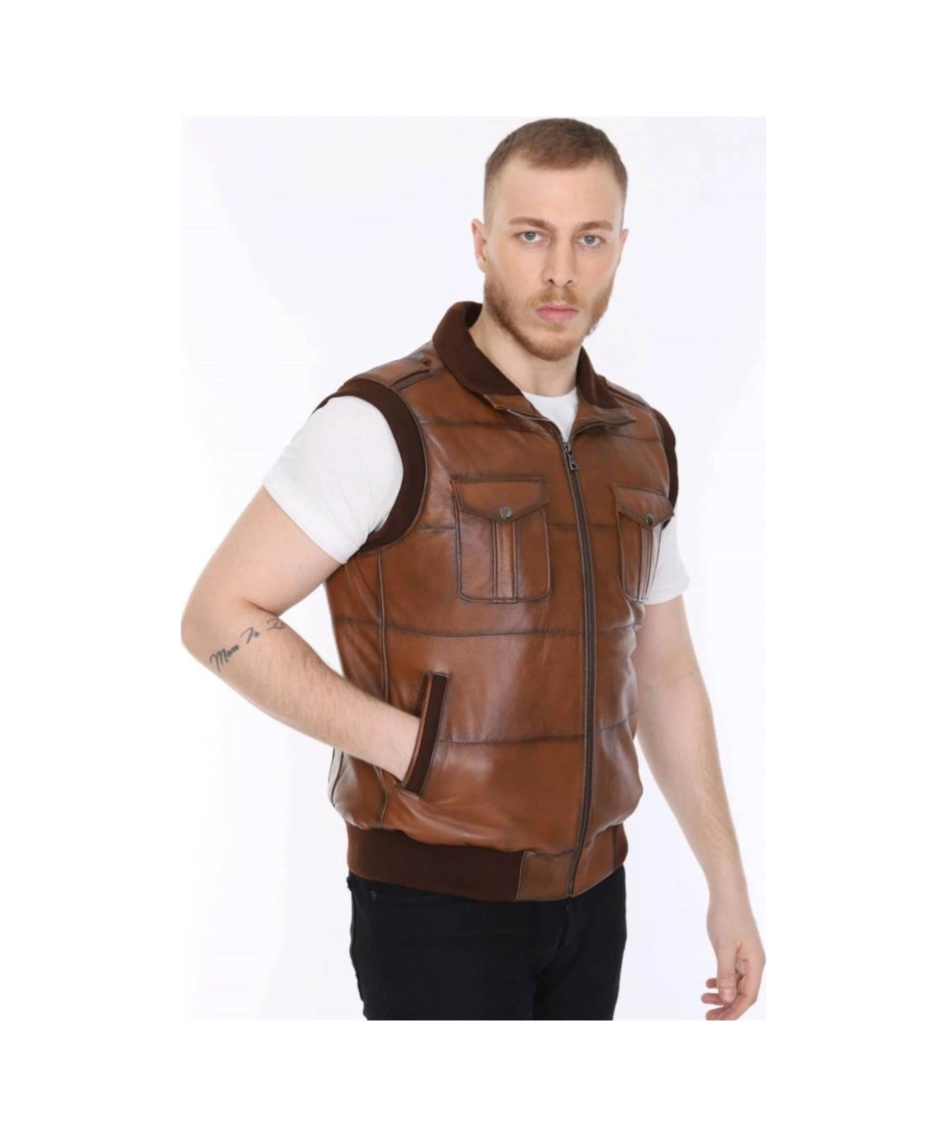 Deriwork Hakiki Deri Taba Lastikli Erkek Yelek Taba