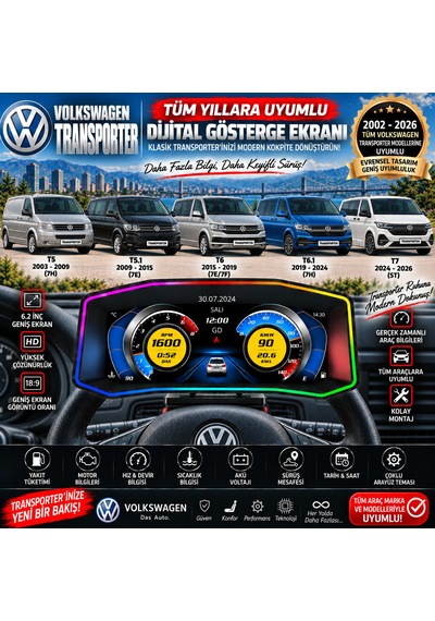 Volkswagen Transporter 2002-2026 Model Uyumlu Harici Digital Gösterge Odb Ekran Arıza Göstergesi Turbo Gösterge Hayalet Ekran