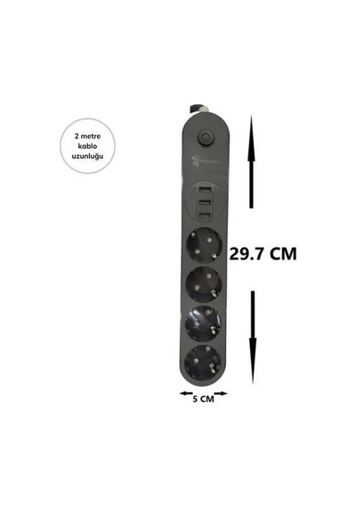 4lü Siyah Anahtarlı 3 Usb Li Akım Korumalı Topraklı Çocuk Korumalı Grup Priz 2 Metre Diğer