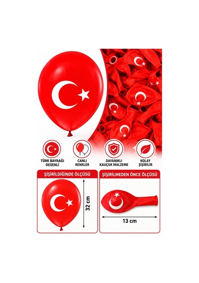 Türk Bayraklı Balon 30 Adet Ay Yıldızlı Balon Süsleme 29 Ekim 23 Nisan Kırmızı Beyaz Balon Bayrak Balon Bayram Beyaz - Kırmızı