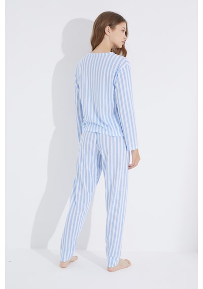 Siyah İnci Jogger Örme Pijama Takım 7703 Mavi Beyaz