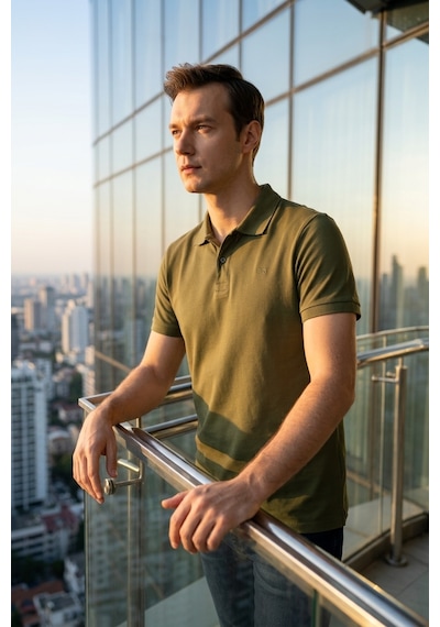 Süvari Slim Fit Düz Baskısız Pike Düğmeli Polo Yaka Nefes Alabilen T-shirt Haki