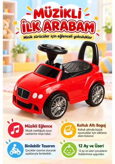 Müzikli İlk Arabam Koltuk Altı Bagajlı, Ayakla İtmeli Kırmızı Çocuk Arabası, 12 Ay+