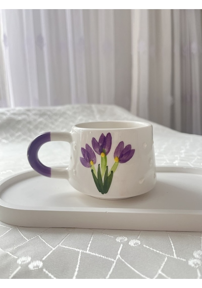 Çiçekli Kupa Bardak Çay Kahve Fincanı El Yapımı Fincan Mor
