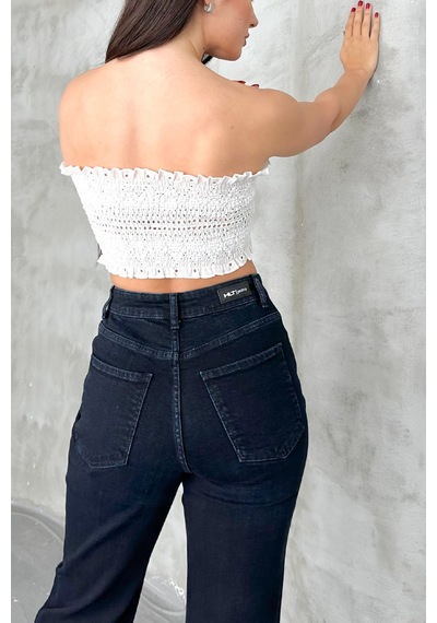HLT Jeans Blue Black Kadın Wide Leg Jean Yüksek Bel Palazzo Likralı Esnek Kot Pantolon Jessica-2041 Blue Black