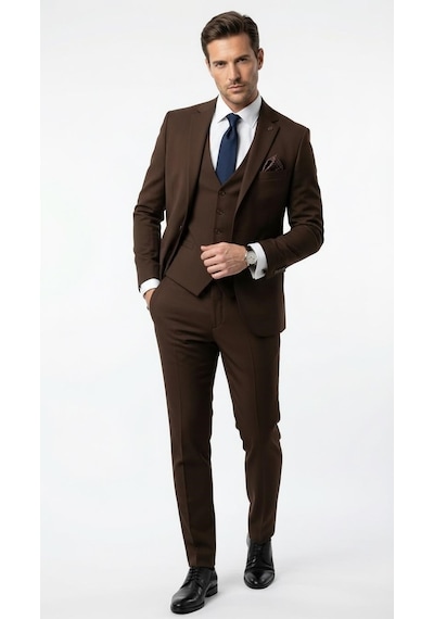 Erkek 3 Parça Slim Fit Takım Elbise Klasik Likralı Kumaş, Tek Düğme, Çift Yırtmaçlı Modern Kesim Ceket Yelek Pantolon Kahverengi