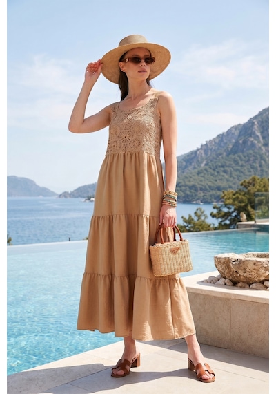 Lela Relaxed Fit Volanlı Uzun Bayan Elbise 611El010 Vizon