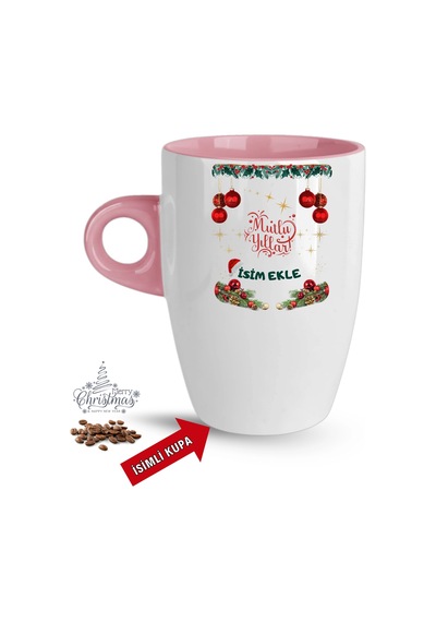 Yılbaşı Hediyesi Mutlu Yıllar Christmas İsimli Baskılı Porselen Latte Kupa Bardak Pembe Pembe