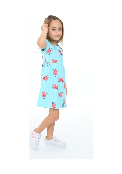 Toontoy Kız Çocuk Belden Oturtmalı Baskılı Elbise Mint Yeşili