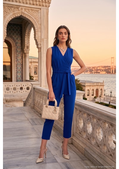 Lela Slim Fit Düz Paça Kruvaze Yaka Kemerli Bayan Tulum 6783626 Saks