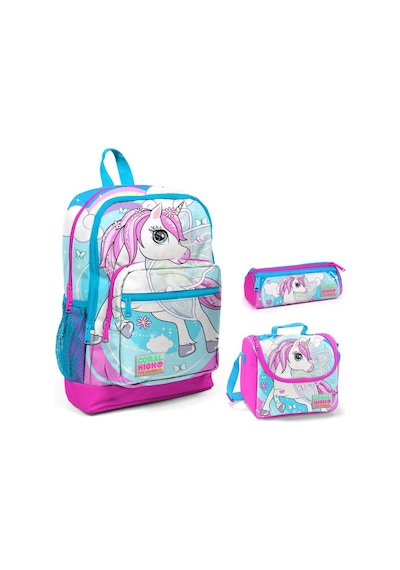 Coral High Mavi Unicorn Baskılı Kız Çocuk 3'lü İlkokul Çanta Seti