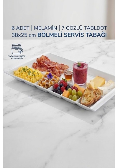 6 Adet Melamin 7 Gözlü Tabldot 38x25 Cm Bölmeli Servis Tabağı Tabak Makinede Yıkanabilir Beyaz