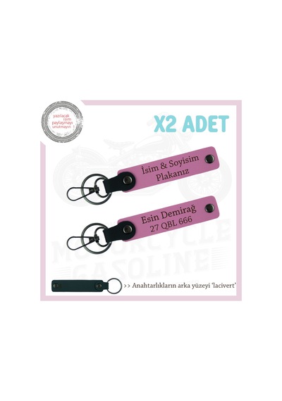 Tüm Sürücüler İçin Uygun Özel İsim Ve Plaka Yazılı Hediyelik Deri Anahtarlık 2li Set, Pembe-lacivert Çok Renkli
