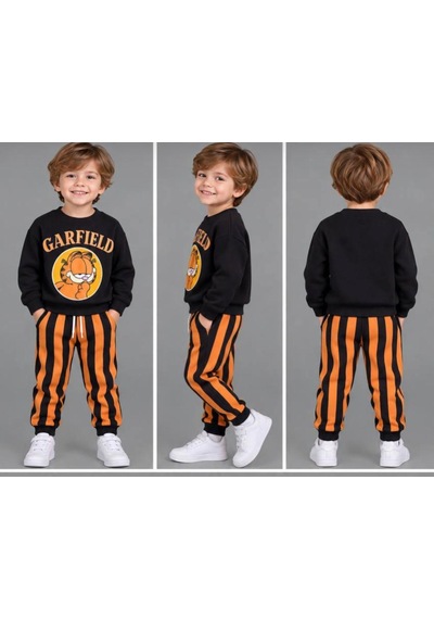 Erkek Çocuk 3 İplik Şardonlu Siyah Sweatshirt Ve Turuncu Çizgili Eşofman Takımı 2 Parça 0910-s Erkek Çocuk 3 İplik Şardonlu Siyah Sweatshirt Ve Turuncu Çizgili Eşofman Takımı 2 Parça 0910-s