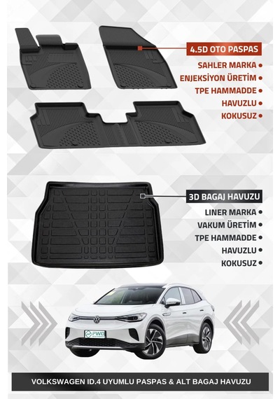Sahler Volkswagen Id.4 2020+ Uyumlu 4.5d Premium Havuzlu Oto Paspas Ve Liner Marka 3d Alt Bagaj Havu