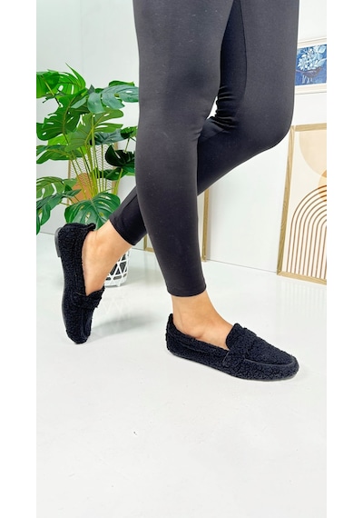Günlük Kadın Loafer Peluş Astarlı Oval Burunlu Alçak Desenli Tabanlı Ayakkabı 375 Siyah