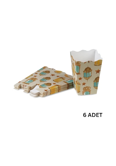 6lı Ramazan Temalı Patlamış Mısır, Şeker Kutusu, Hediye Popcorn, İkram Kutusu, 6x6x11 Cm, Krem Renk Krem