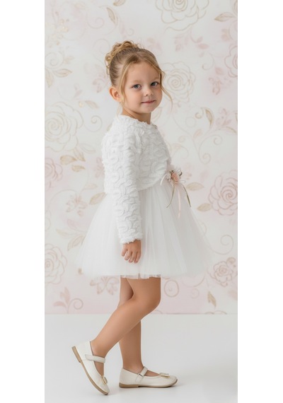 Mnk Baby & Kids Triko Bolerolu Bel Çiçekli Kız Bebek Elbise M00773 ekru