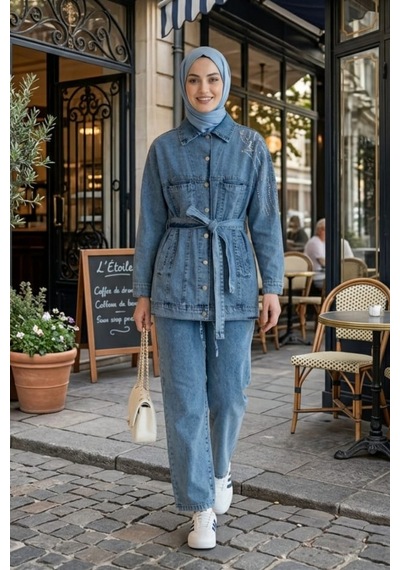 Hb Harma Time Butik Kadın Kuşaklı Taş İşlemeli Kot Mavi Tunik Pantolon İkili Takım Mavi Mavi