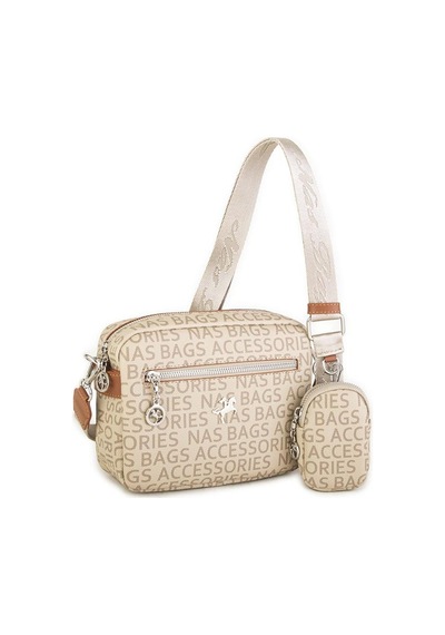 Nas Bag Kadın Çapraz Çanta Mini Cüzdanlı Ayarlanabilir Askılı Vizon Taba Yazılı Taba