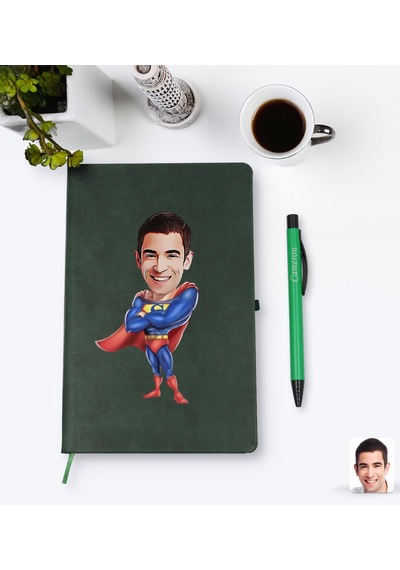 Kişiye Özel Süper Baba Karikatürlü Yeşil Termo Deri Defter Kalem