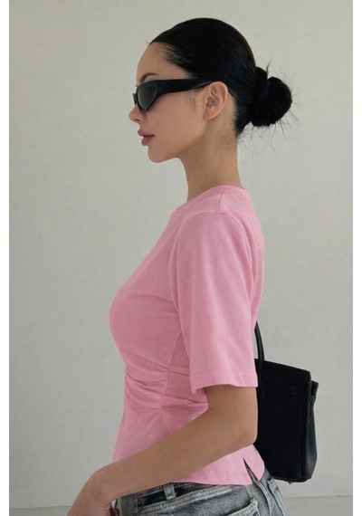 Kadın Pembe Kısa Kollu Sırt Dekolteli Slim Fit Bluz/t-shirt Pembe