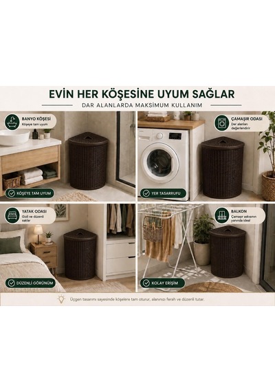 Lorempbox 50 Litre Üçgen Rattan Desenli Çamaşır Sepet Köşe Uyumlu Kahverengi Çok Renkli