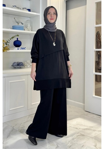 Rabia Şamlı Miray Triko-modal Pantolonlu Takım Siyah Normal