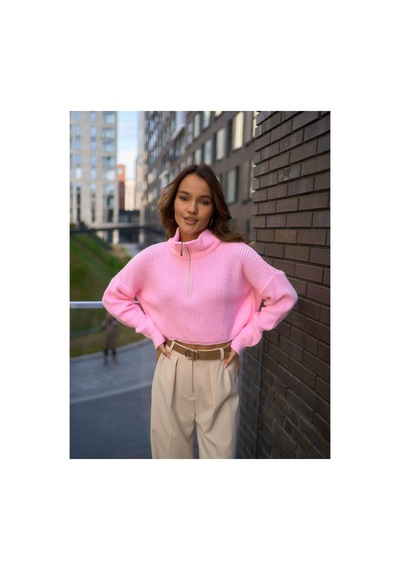 Cloudy Kids Kadın Oversize Fermuarlı Crop Triko Kazak Günlük Kullanım Mevsimlik Pembe - 607293446 Pembe