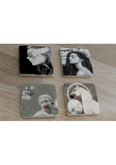 Tasarım Heykel At Ve Kadın Portreler Doğal Taş Bardak Altlığı 4'lü Set - Natural Stone Coasters - Taş Siyah