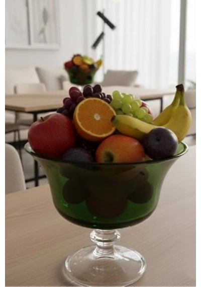 Renkli Büyük Ayaklı Meyve Kasesi, 27 Cm Çap, 25 Cm Yükseklik, Yeşil, Cam Diğer