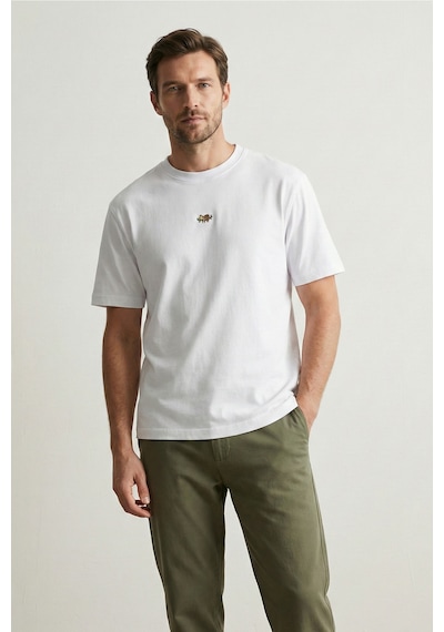 Elemge Pamuk Compact Penye Süprem Beyaz Koala Nakışlı Trend Fit Erkek Tok Kumaş T-shirt Rahat Kesim 2XL
