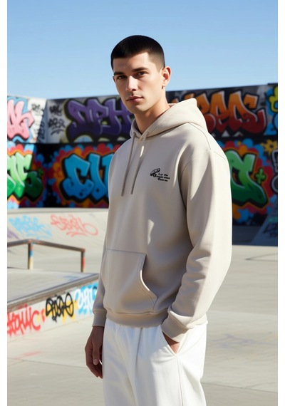 Benerly Erkek Kapüşonlu Düşük Kol Sweatshirt Slogan Nakışlı Fonksiyonel D Taş