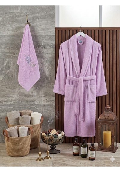 Premium 2'li Aile Bornoz Seti Çeyizlik Pamuklu Hediyelik Banyo Takımı L/xl Leylak