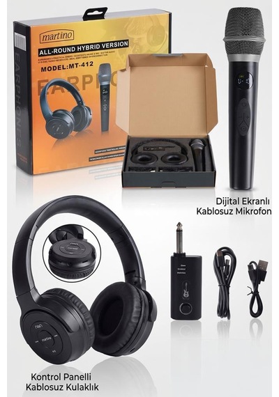 Martino Mt-412 Kablosuz Mikrofon Referans Kulaklık Karaoke Ve Pratik Seti Distortion Tws Özellikli