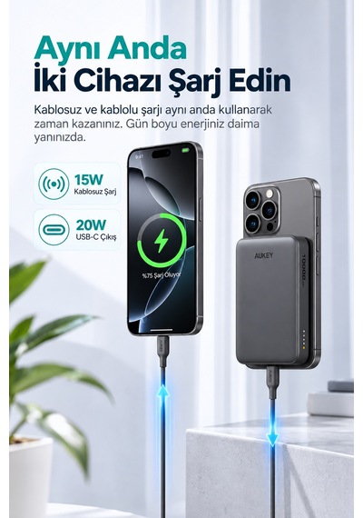 Aukey Pb-ms04-gy Magfusion Slim 10000 Mah Manyetik Wireless Şarj Powerbank - Gri
