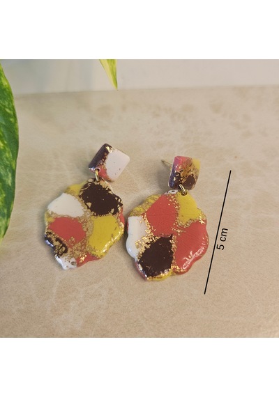 El Yapımı Polimer Kil Küpe - Paslanmaz Çelik Aparatlı Altın Varaklı Çok Renkli Çiçek Formlu Sallantılı Küpe Rose Gold